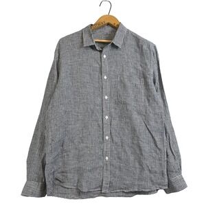 Muji Mens 100% Linen Gingham Check Long Sleeve Button Down Shirt Navy Large